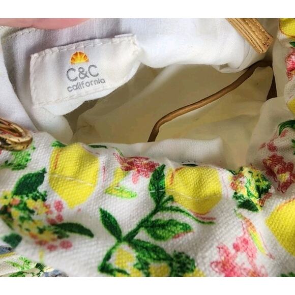 C&C California Rattan Wicker Lemon Printed Canvas Bucket Bag Handbag New - Picture 16 of 16